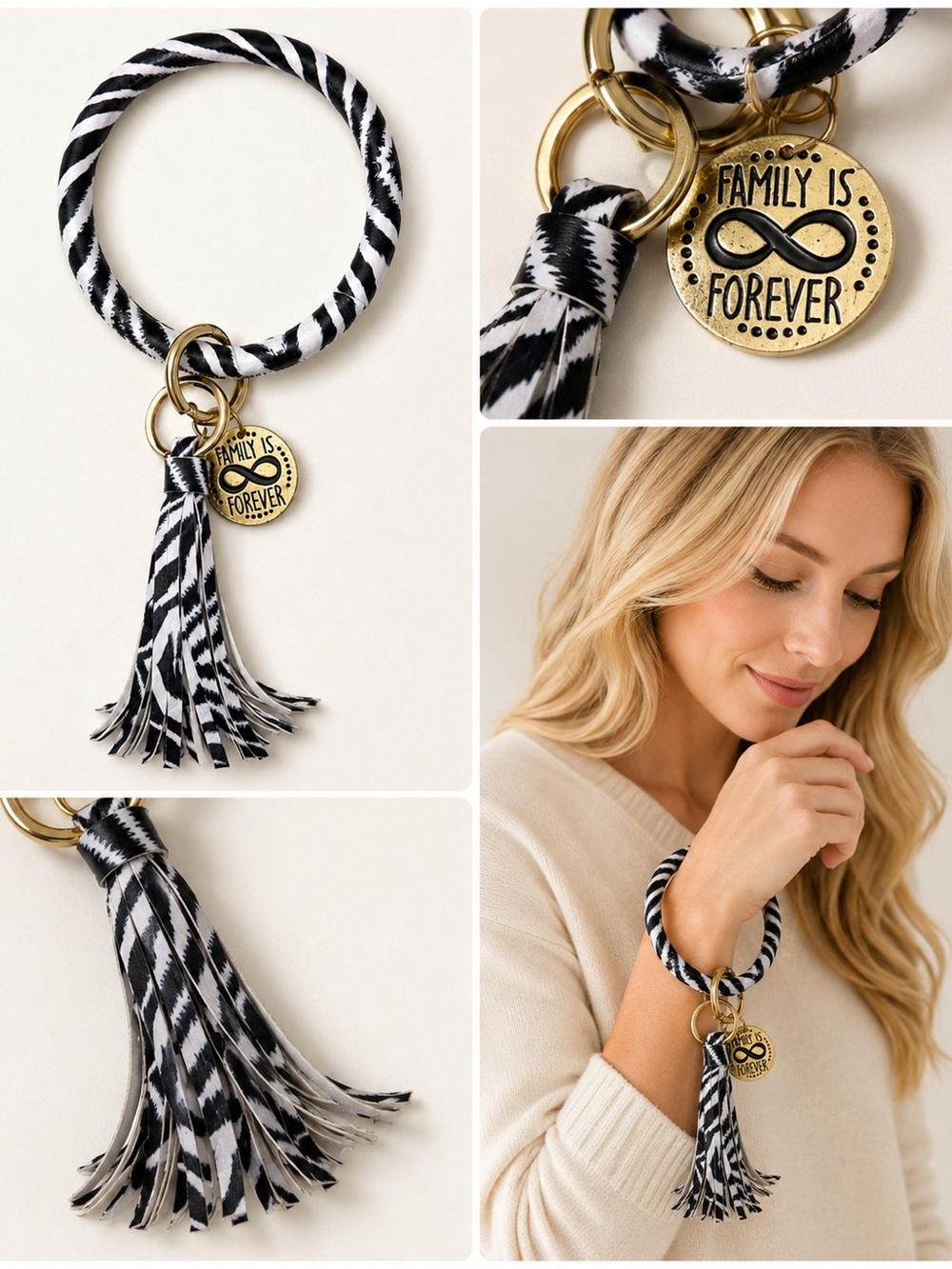 Zebra Print Family Is Forever Wristlet Bracelet Key Ring Keychain - Large - Picture 2 of 4